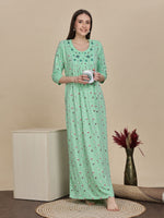 Pista Green Floral Cotton Blend Nighty for Women with Embroidered Yoke