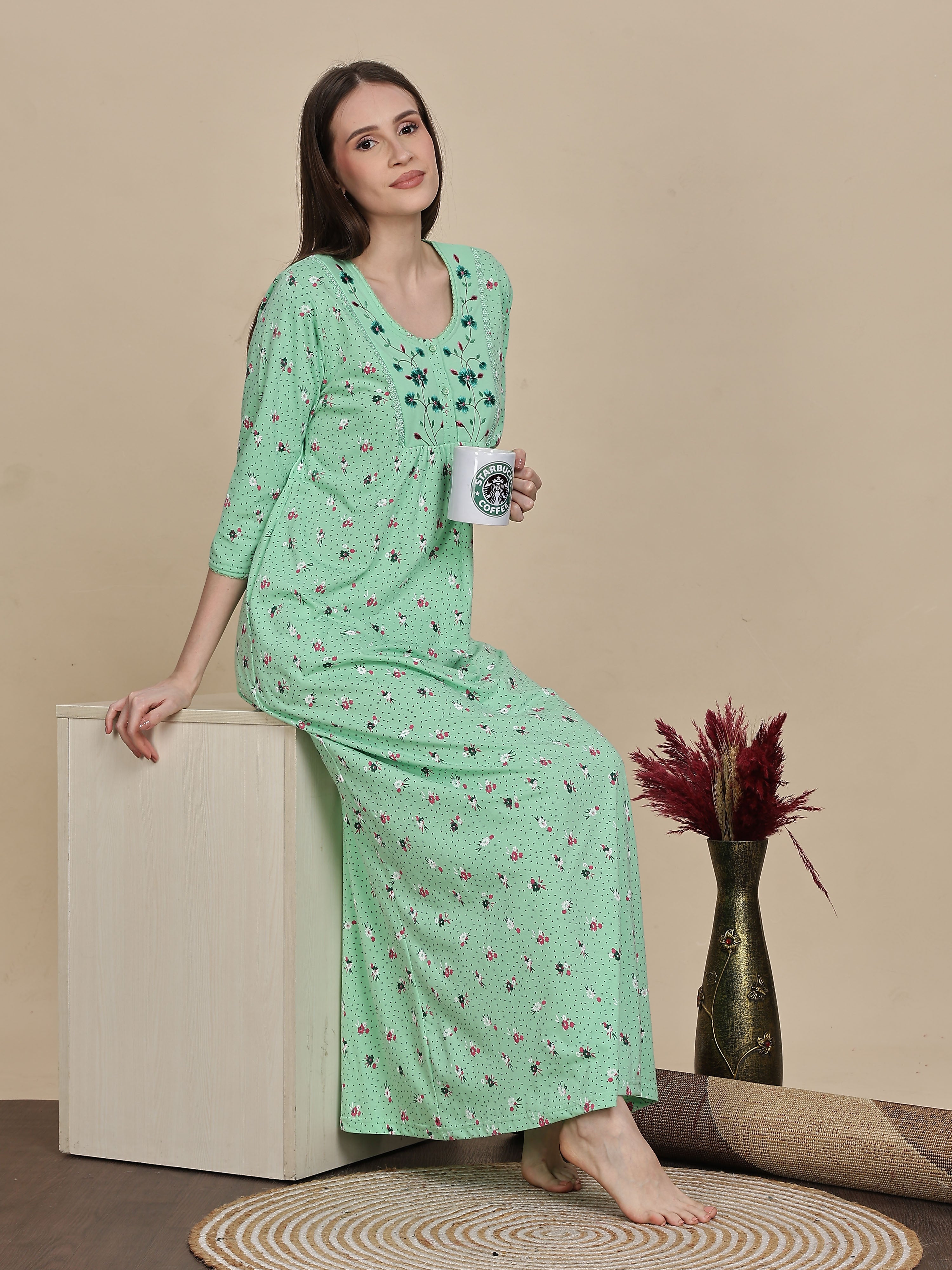 Shop Premium Pista Green Cotton Night dress For Women Online