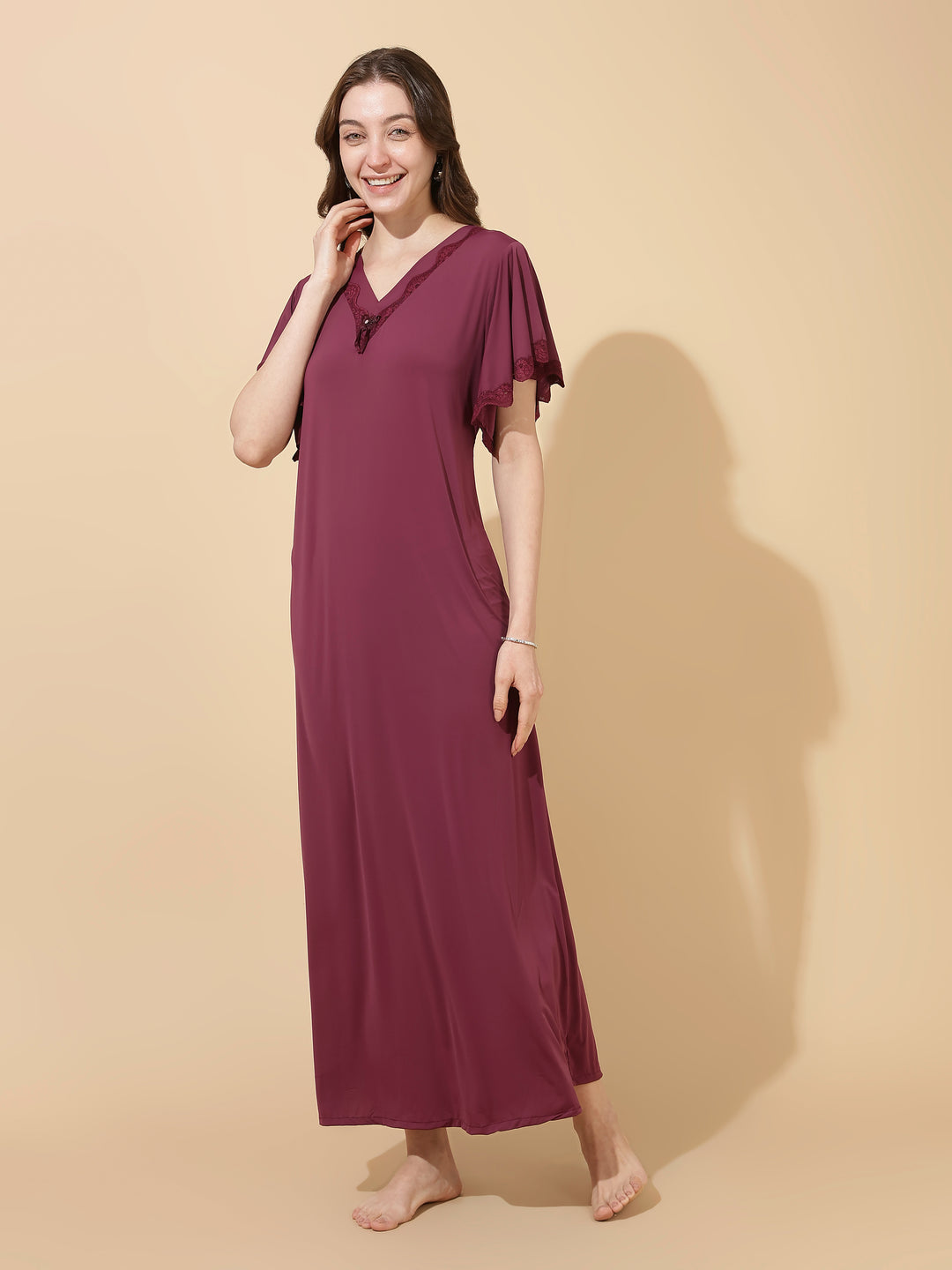 Plum Modal Designer Nighty for Women Elegant A Line Night Dress