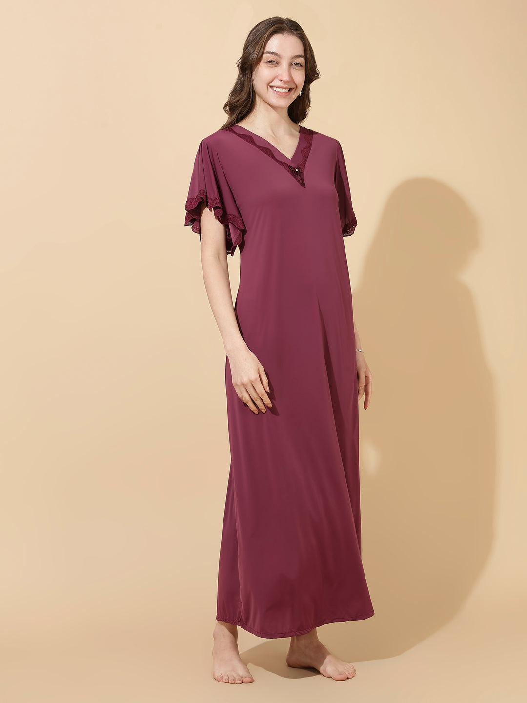 Plum Modal Designer Nighty for Women Elegant A Line Night Dress