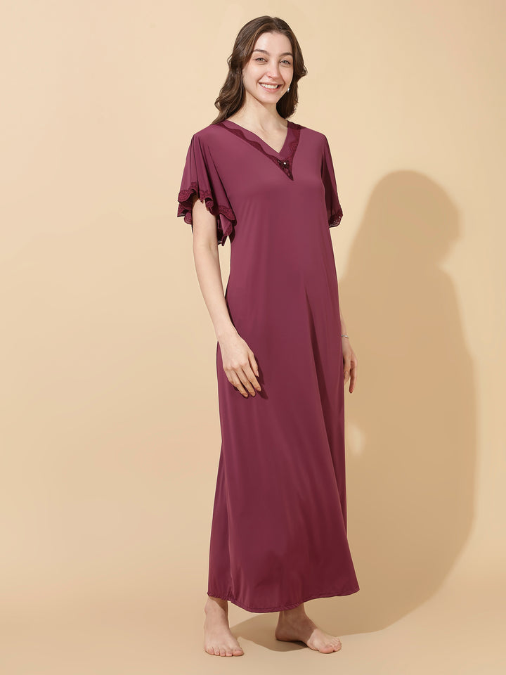 Plum Modal Designer Nighty for Women Elegant A Line Night Dress