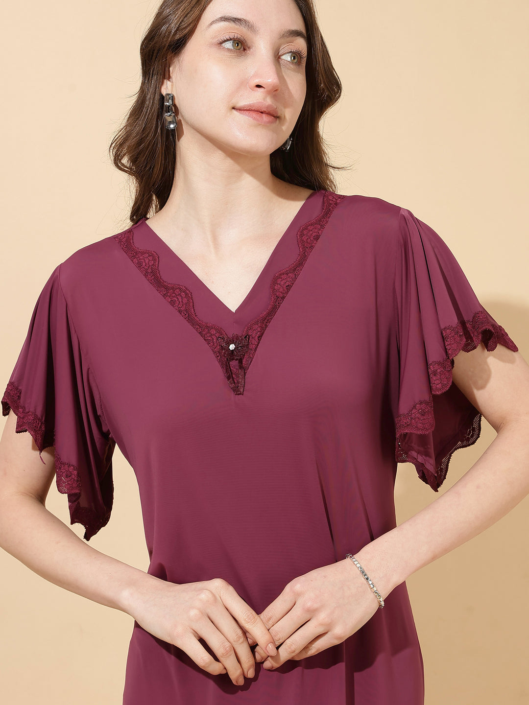 Plum Modal Designer Nighty for Women Elegant A Line Night Dress