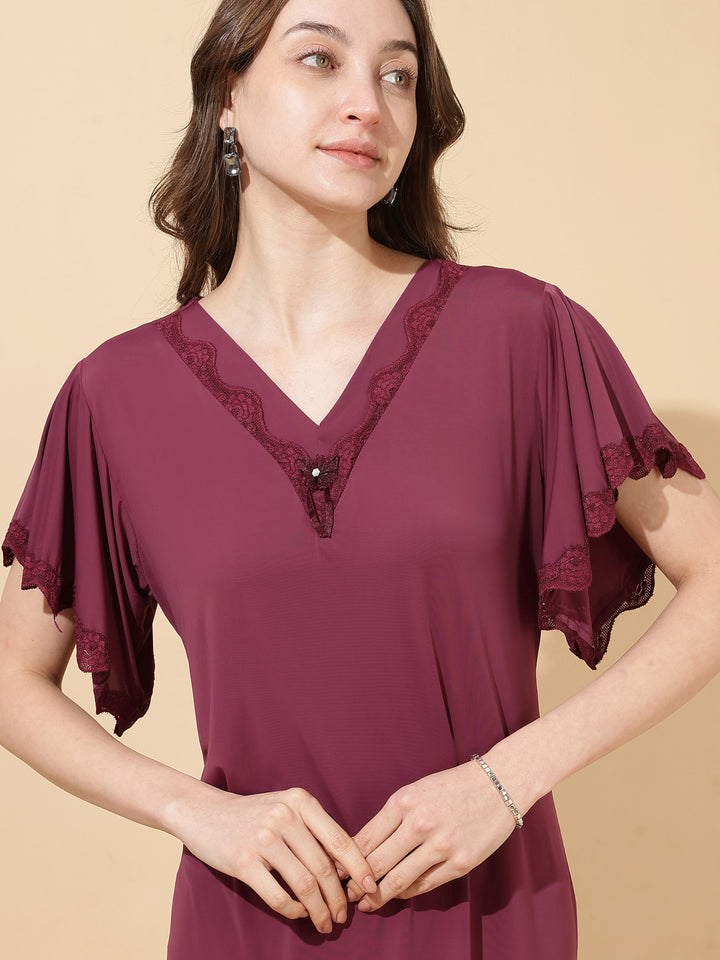 Plum Modal Designer Nighty for Women Elegant A Line Night Dress