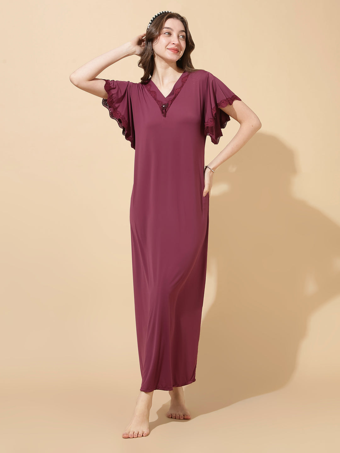 Plum Modal Designer Nighty for Women Elegant A Line Night Dress