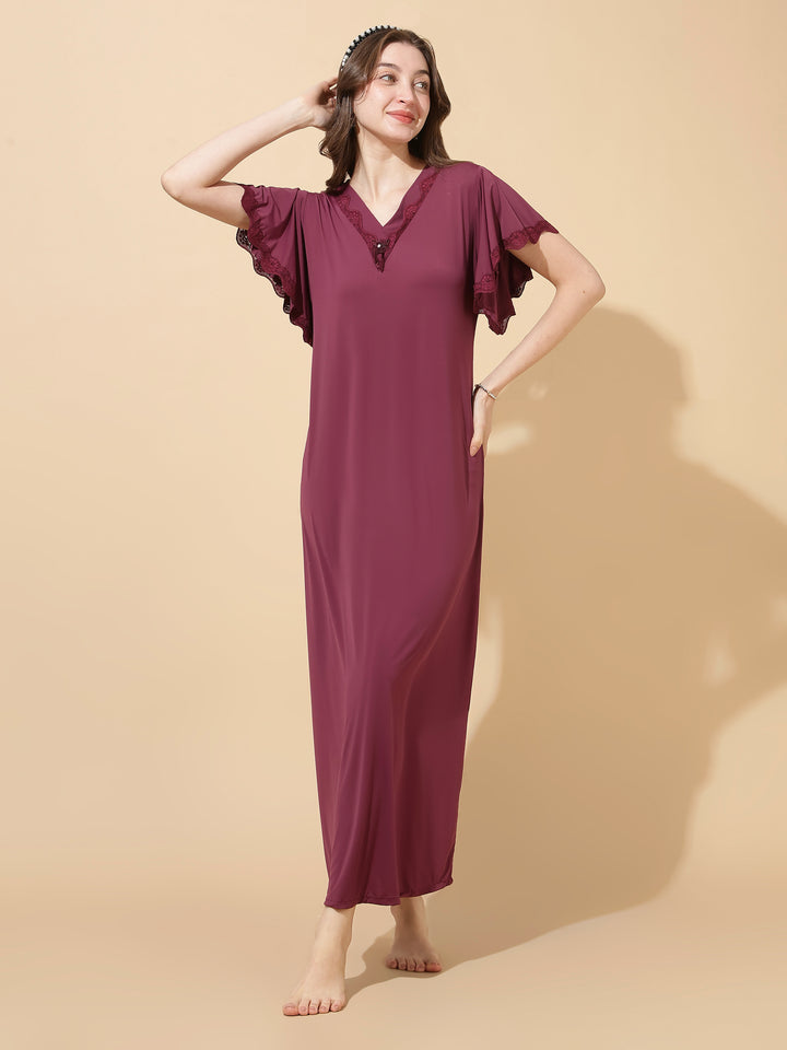 Plum Modal Designer Nighty for Women Elegant A Line Night Dress