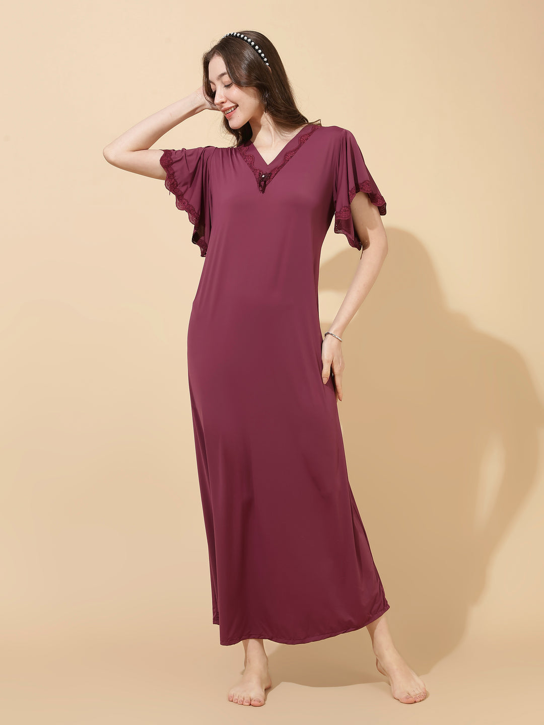 Plum Modal Designer Nighty for Women Elegant A Line Night Dress