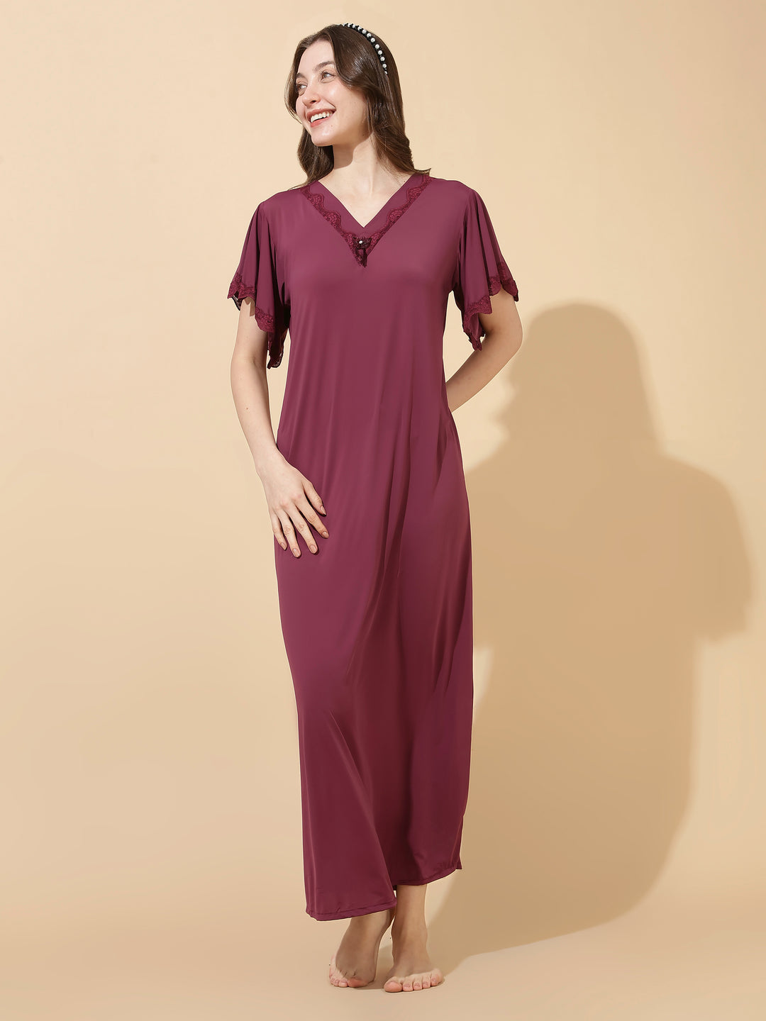 Plum Modal Designer Nighty for Women Elegant A Line Night Dress