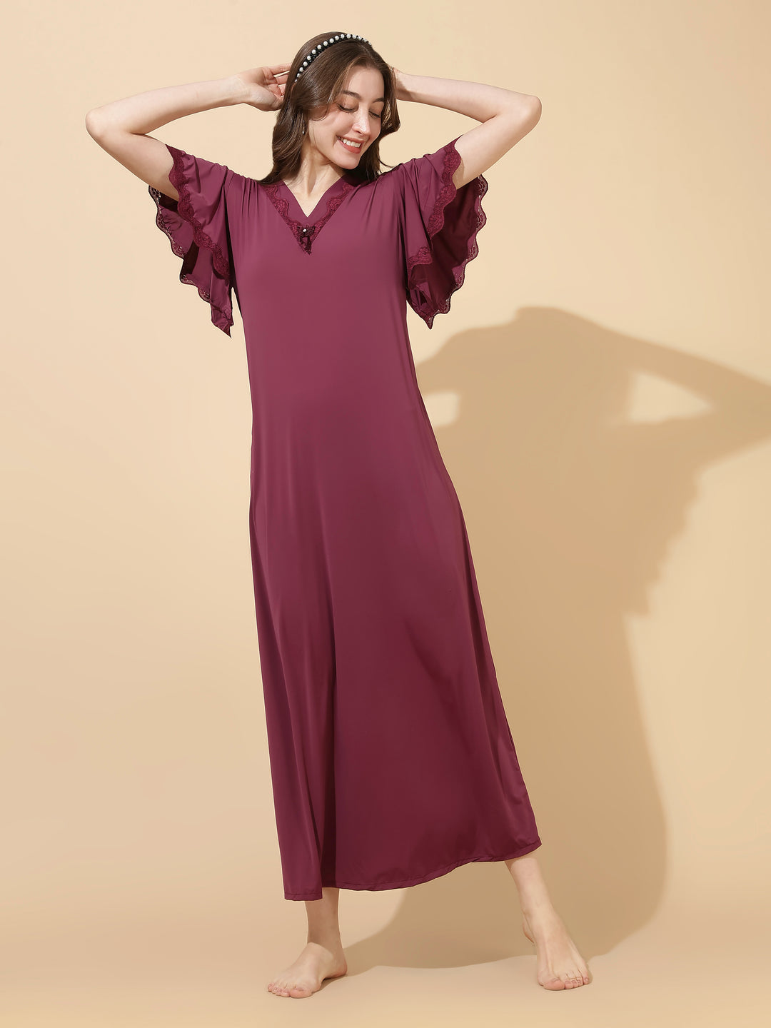 Plum Modal Designer Nighty for Women Elegant A Line Night Dress