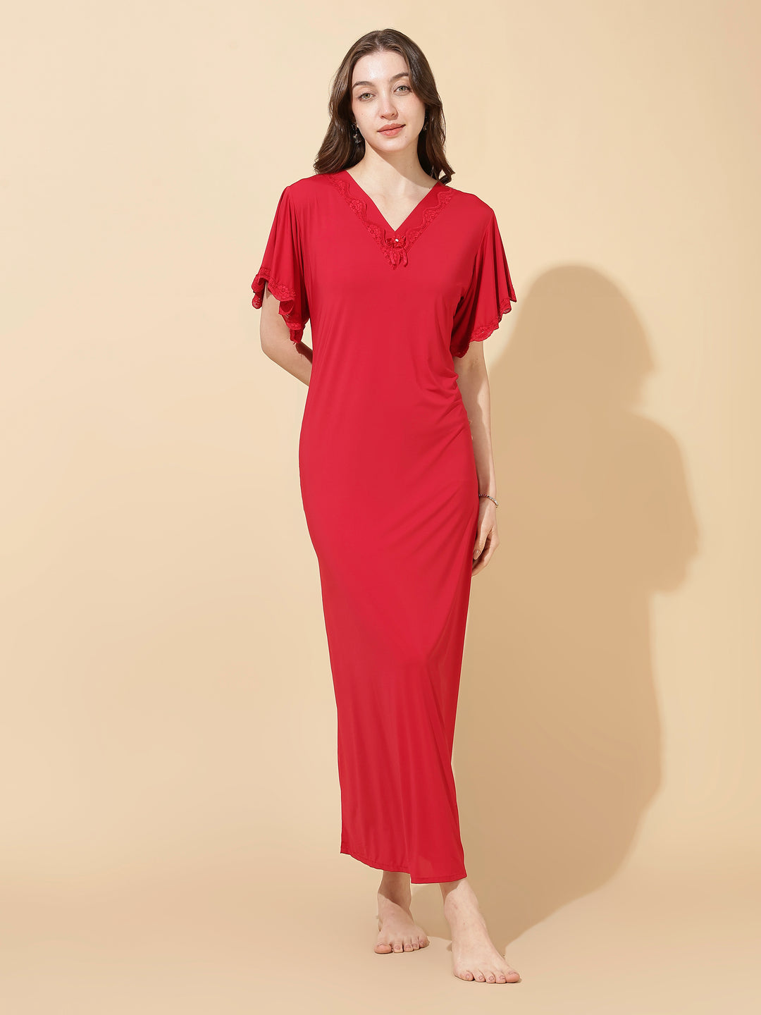 Ruby Red Modal Designer Nighty for Women Elegant A Line Fit