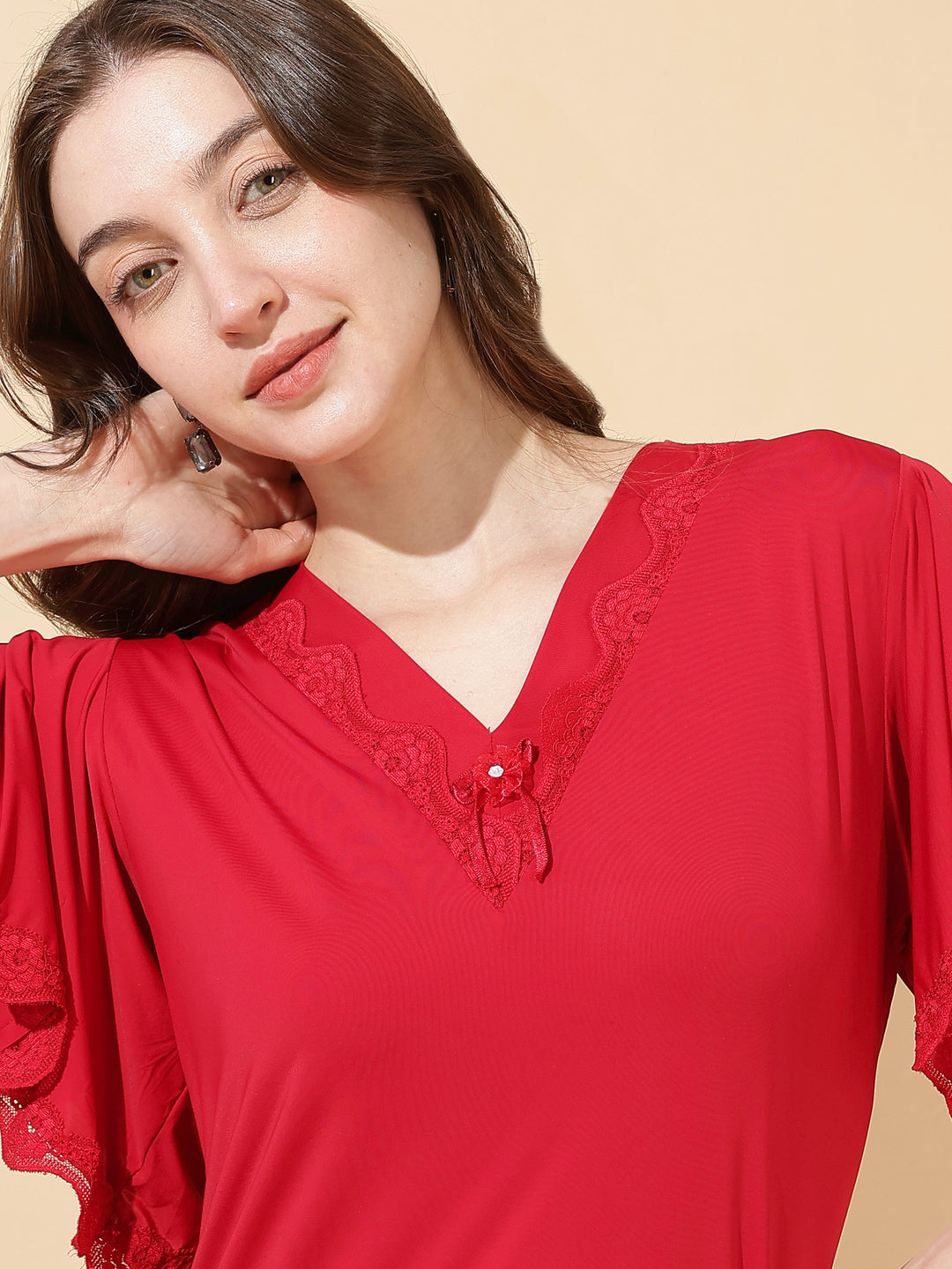 Ruby Red Modal Designer Nighty for Women Elegant A Line Fit