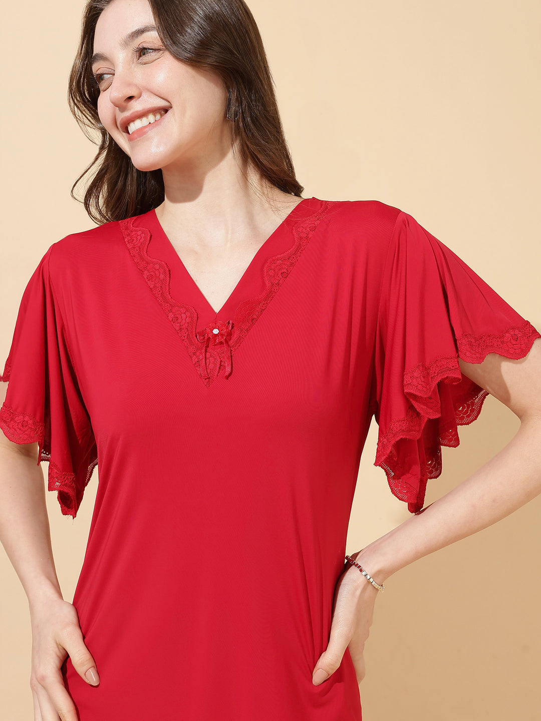 Ruby Red Modal Designer Nighty for Women Elegant A Line Fit
