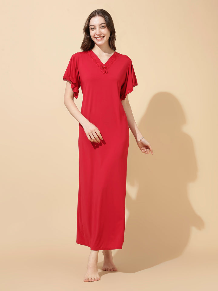 Ruby Red Modal Designer Nighty for Women Elegant A Line Fit