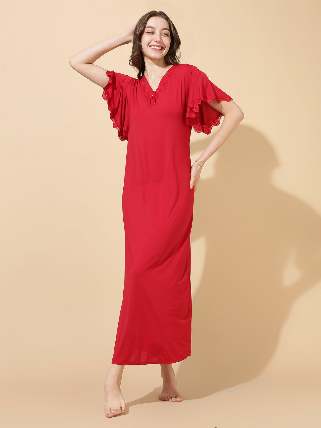 Ruby Red Modal Designer Nighty for Women Elegant A Line Fit