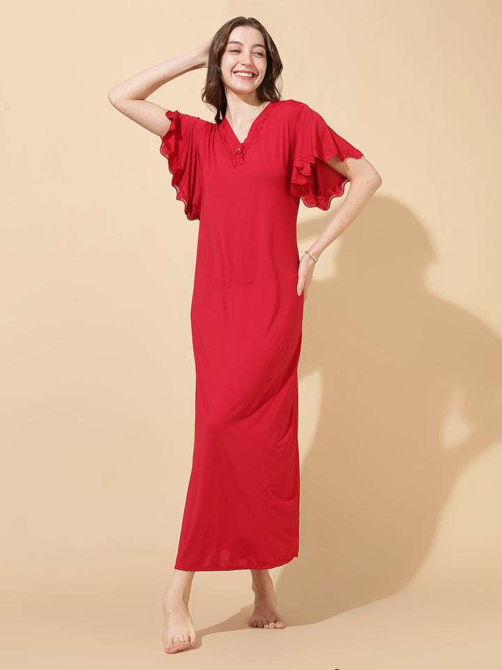Ruby Red Modal Designer Nighty for Women Elegant A Line Fit