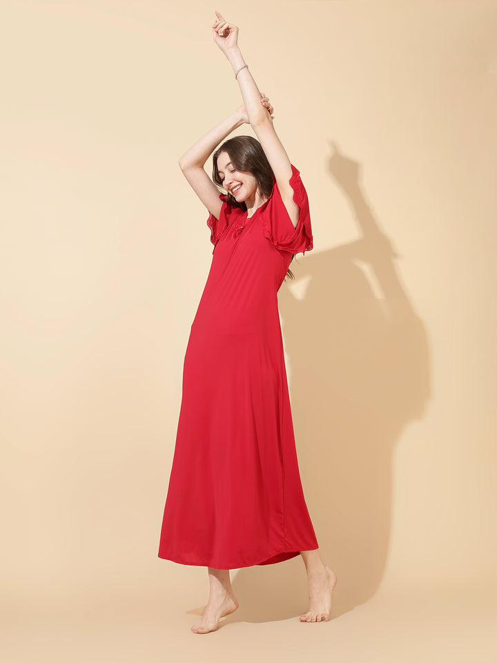 Ruby Red Modal Designer Nighty for Women Elegant A Line Fit