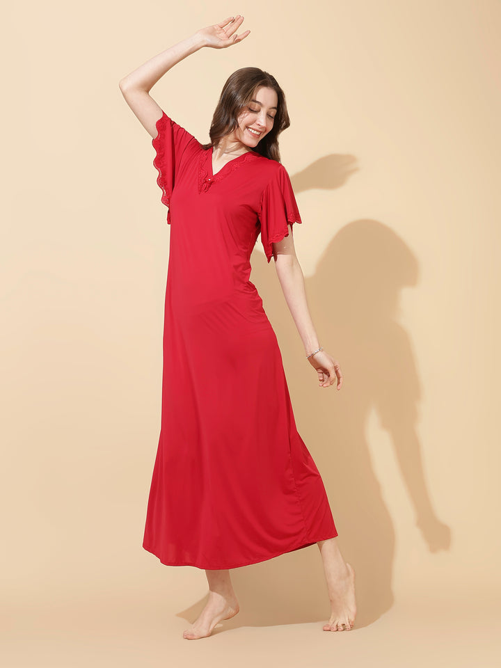 Ruby Red Modal Designer Nighty for Women Elegant A Line Fit