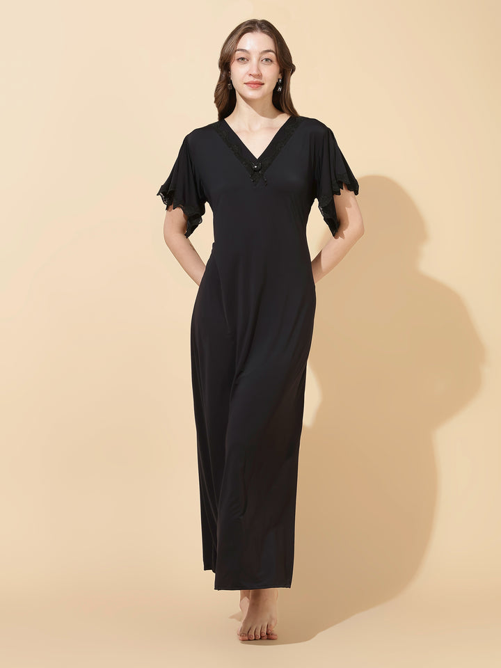 Black Modal Designer Nighty for Women Elegant A Line Night Dress