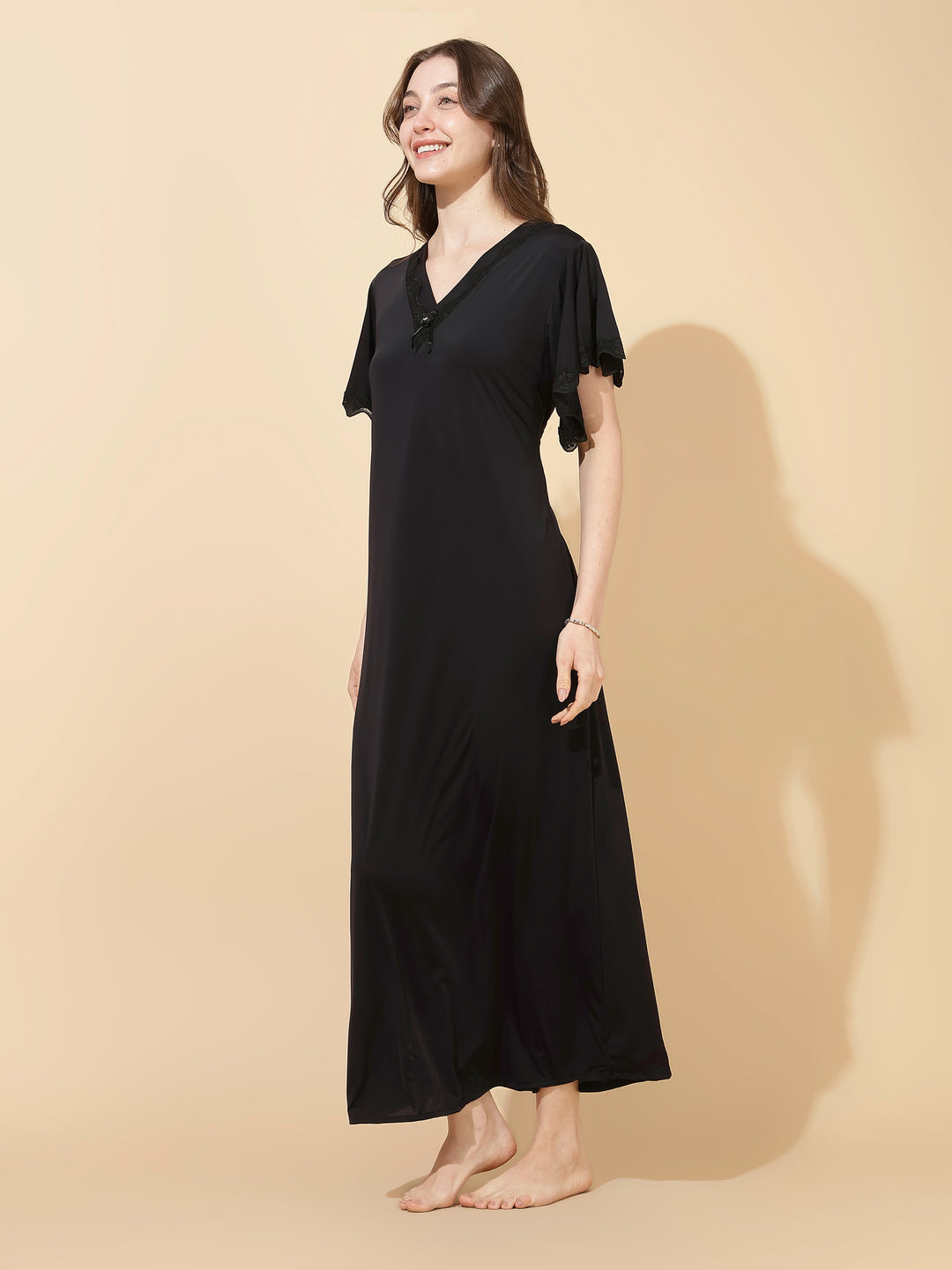 Black Modal Designer Nighty for Women Elegant A Line Night Dress