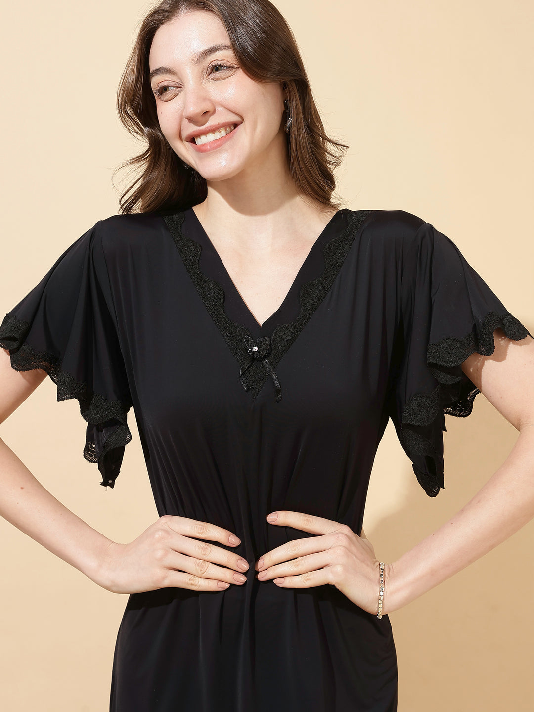 Black Modal Designer Nighty for Women Elegant A Line Night Dress