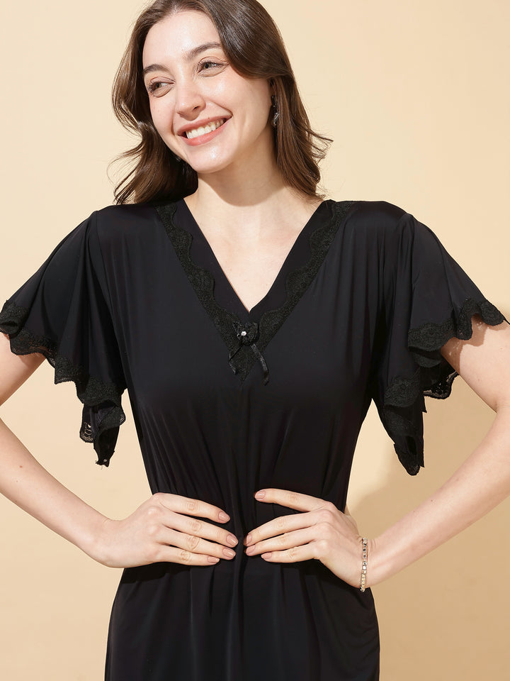 Black Modal Designer Nighty for Women Elegant A Line Night Dress