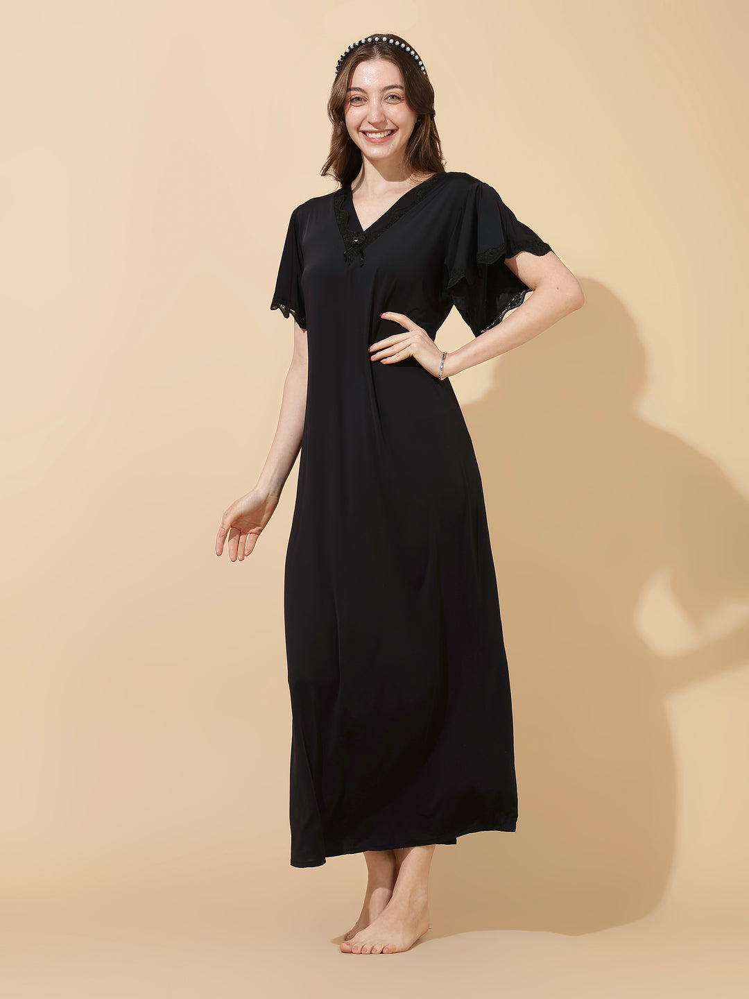 Black Modal Designer Nighty for Women Elegant A Line Night Dress