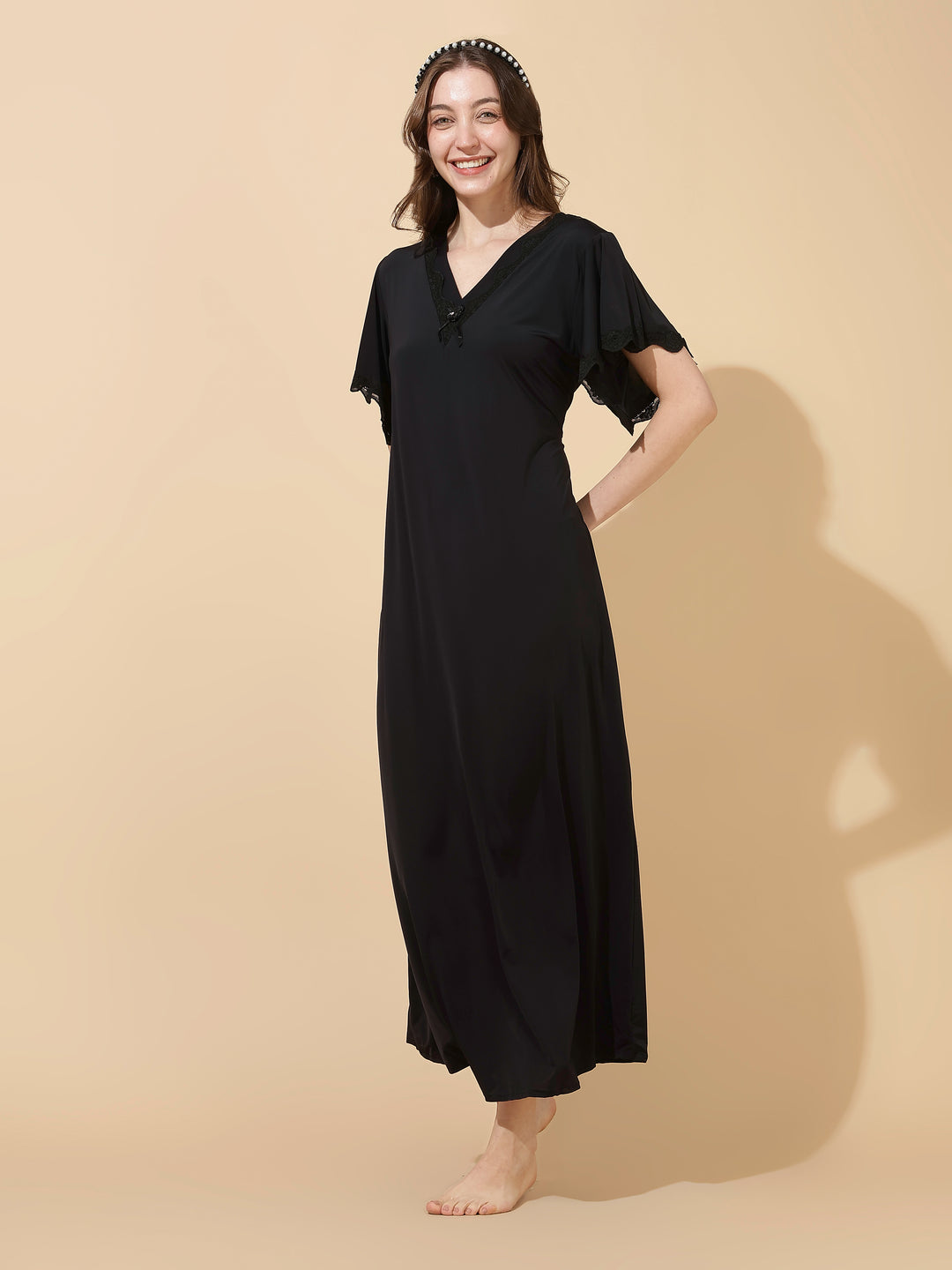 Black Modal Designer Nighty for Women Elegant A Line Night Dress