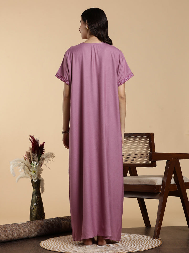 Sadabahar Onion Pink Embroidered Alpine Nighty with Soft Alpine Fabric