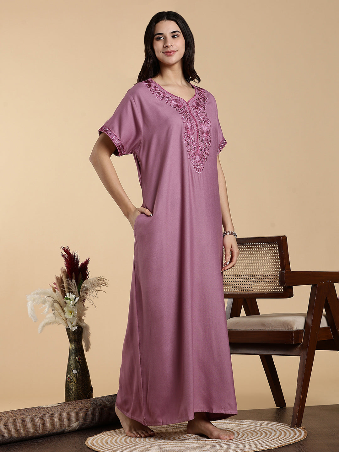 Sadabahar Onion Pink Embroidered Alpine Nighty with Soft Alpine Fabric
