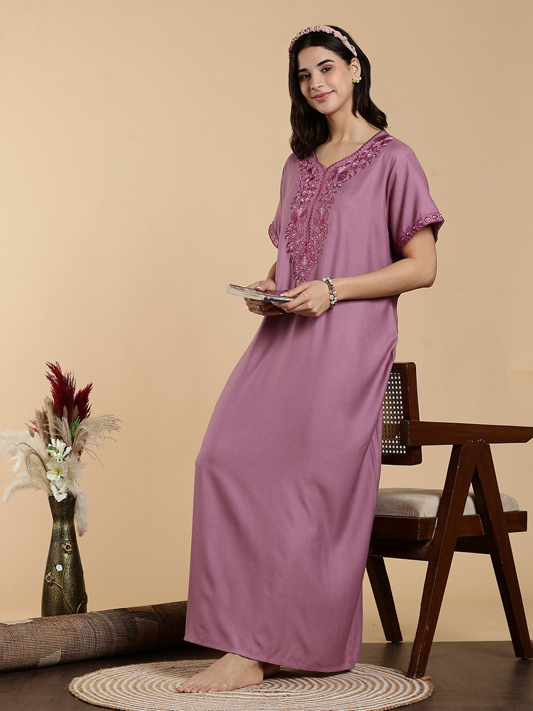 Sadabahar Onion Pink Embroidered Alpine Nighty with Soft Alpine Fabric