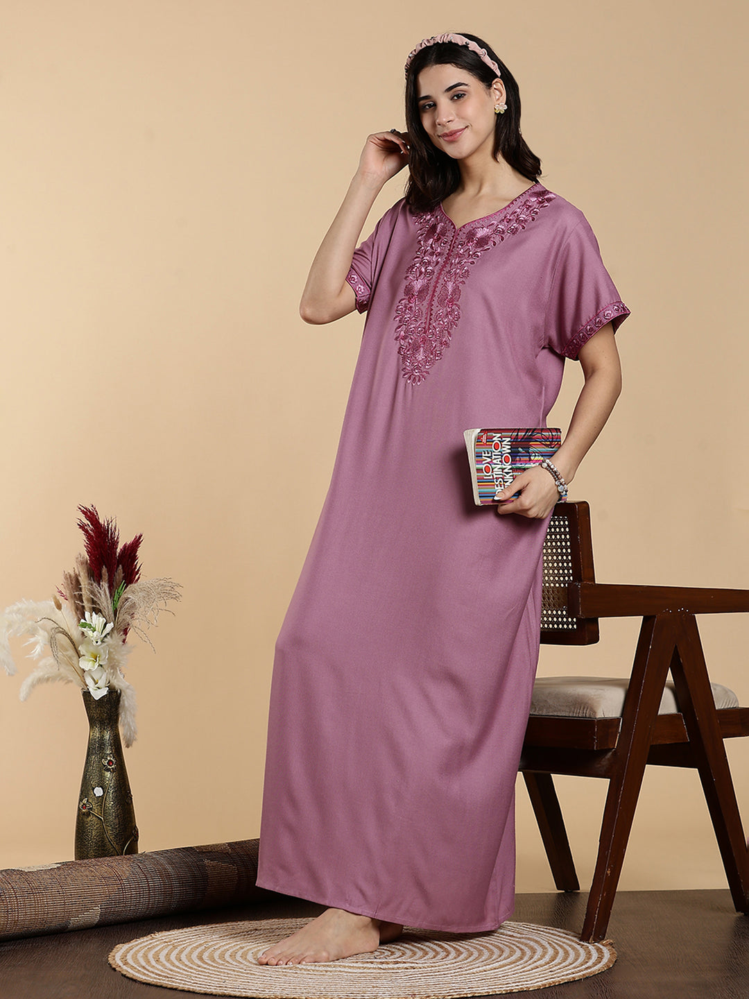 Sadabahar Onion Pink Embroidered Alpine Nighty with Soft Alpine Fabric