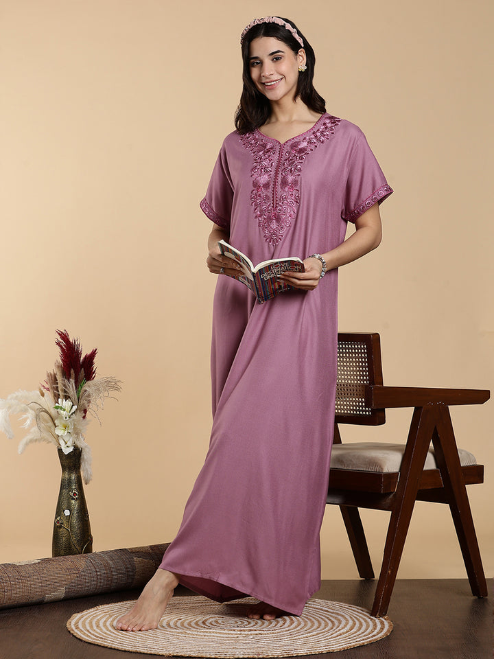 Sadabahar Onion Pink Embroidered Alpine Nighty with Soft Alpine Fabric