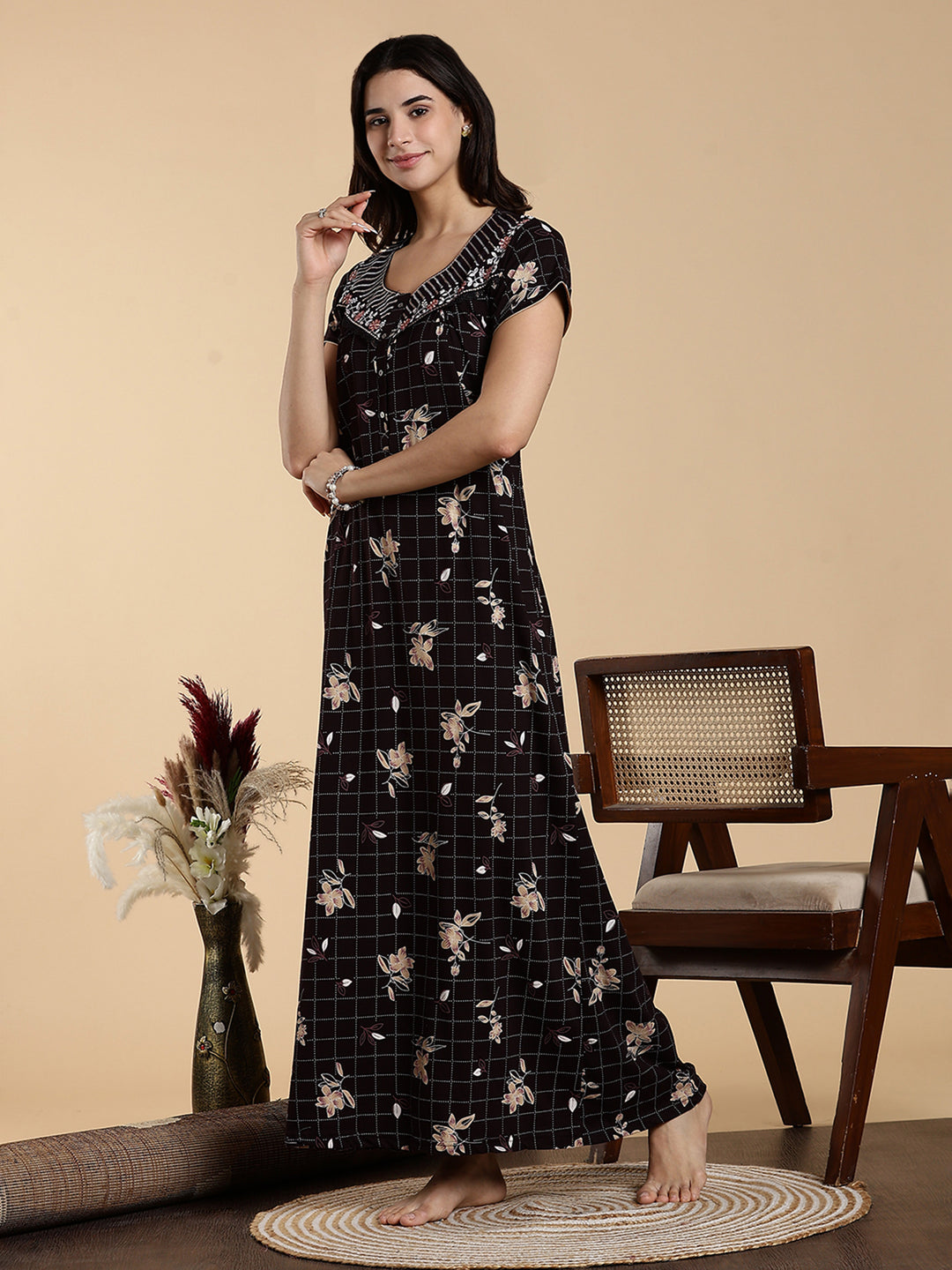 Hosiery Cotton Floral Checkered Designer Nighty for Women in Brown