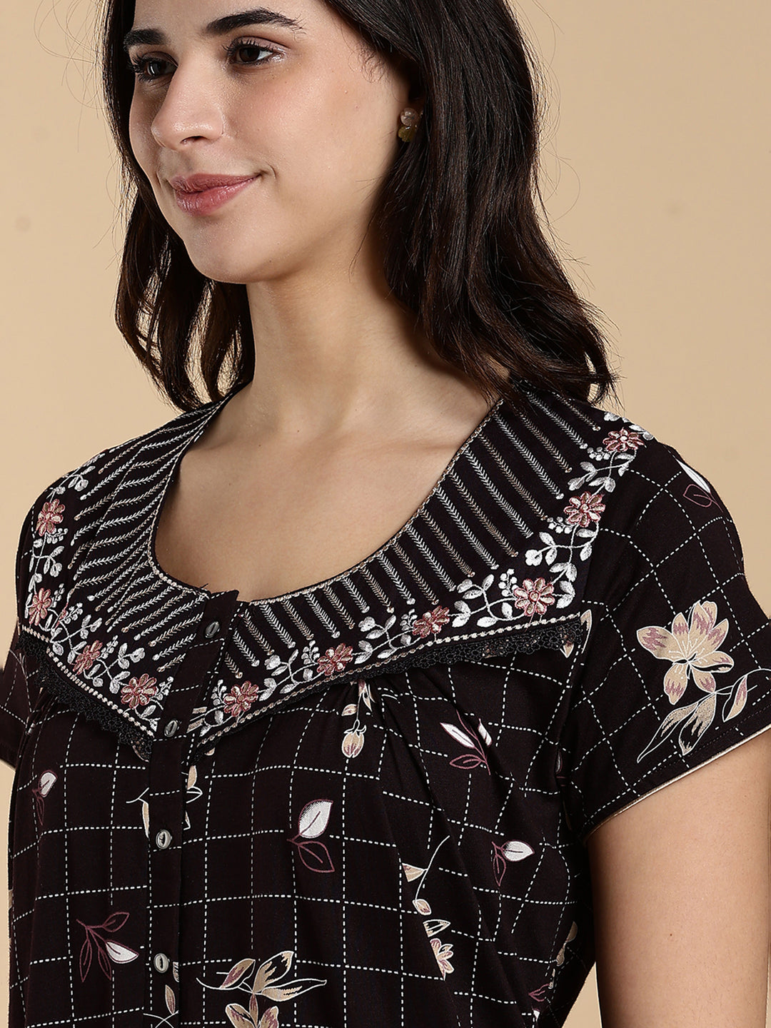 Hosiery Cotton Floral Checkered Designer Nighty for Women in Brown