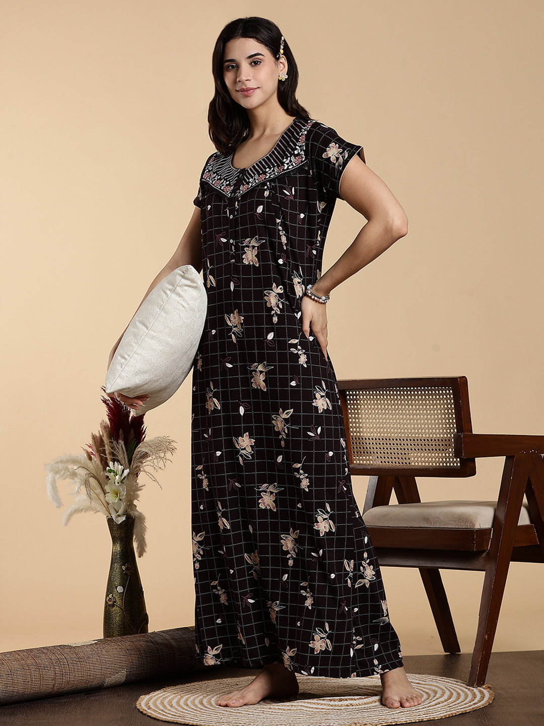 Hosiery Cotton Floral Checkered Designer Nighty for Women in Brown