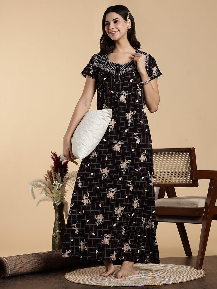 Hosiery Cotton Floral Checkered Designer Nighty for Women in Brown