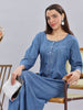 Sky Blue Denim Cotton Maxi Nighty with Elegant Embroidery for Women