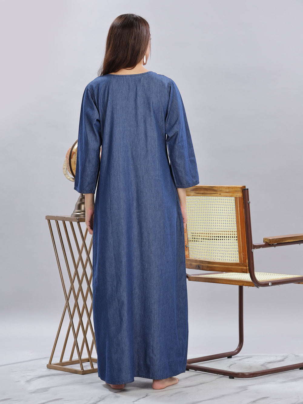 Dark Blue Denim Cotton Maxi Nighty with Pocket