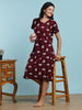 Maroon Heart Long Polo Hosiery Cotton Printed Short Nighty for Women