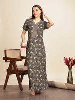 Iron Grey Floral Nightdress with Embroidered Details and Pocket