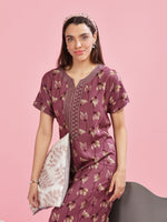 Berry Wine Printed Short Sleeves Nightdress For Women With Side Pocket