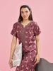 Berry Wine Printed Short Sleeves Nightdress For Women With Side Pocket