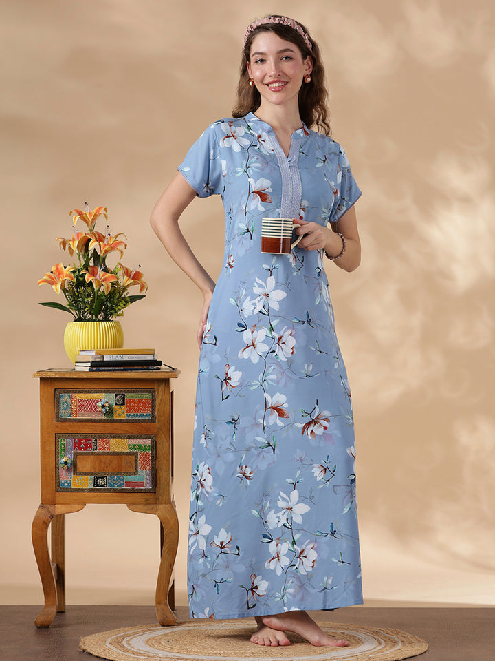 Sky Blue Rayon Designer Nighty for Women with Floral Print