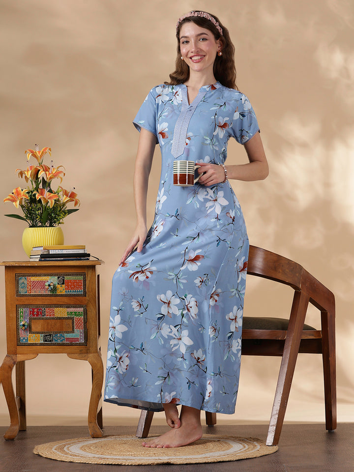 Sky Blue Rayon Designer Nighty for Women with Floral Print
