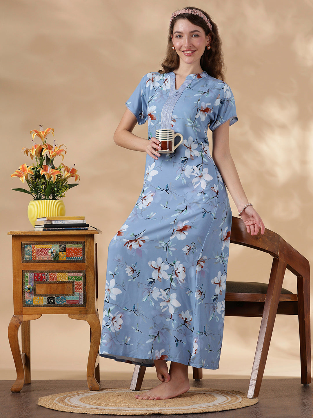 Sky Blue Rayon Designer Nighty for Women with Floral Print