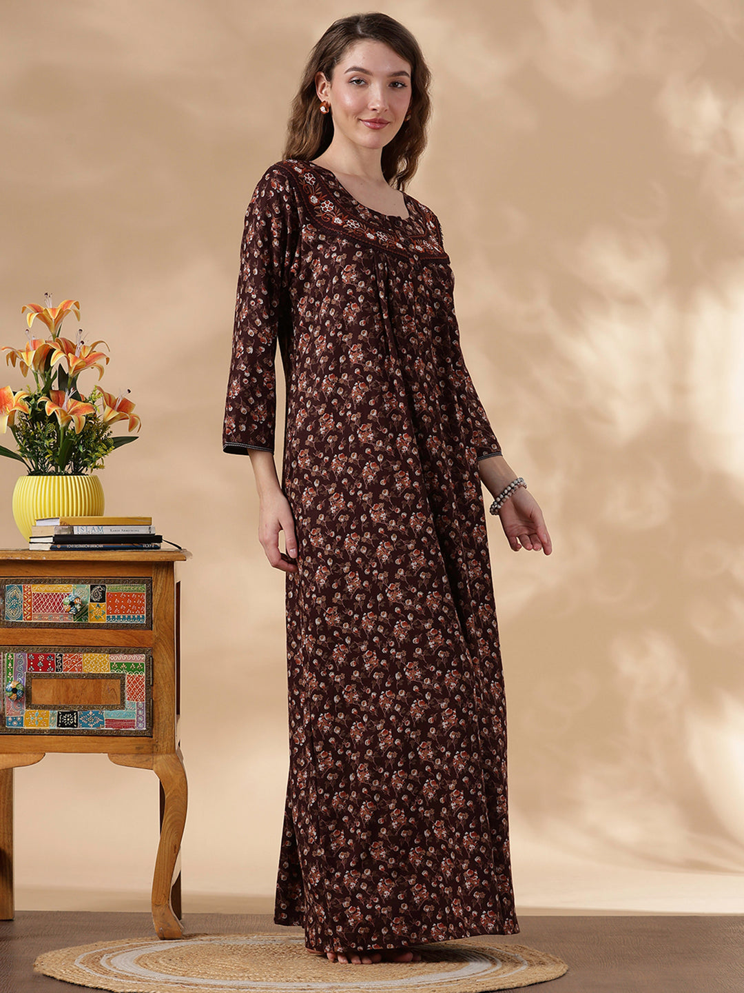 Alpine Floral Designer Nighty for Women Soft and Embroidered