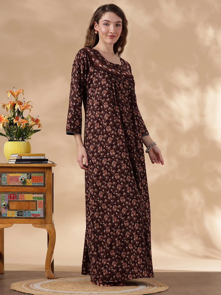 Alpine Floral Designer Nighty for Women Soft and Embroidered