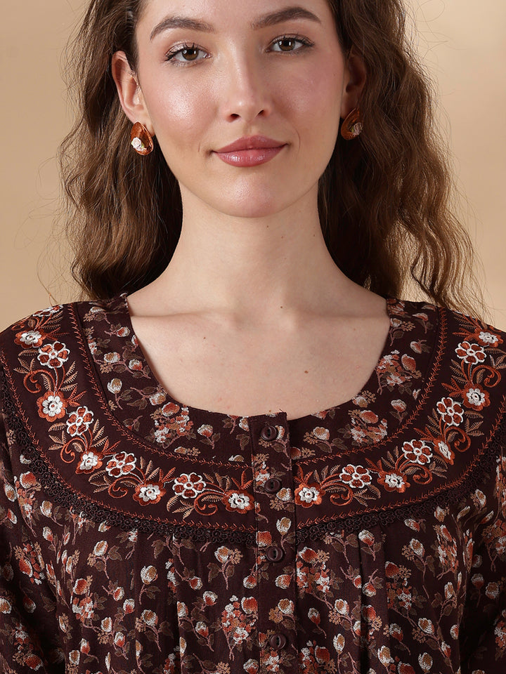 Alpine Floral Designer Nighty for Women Soft and Embroidered