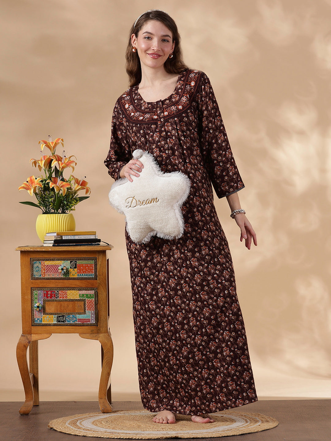 Alpine Floral Designer Nighty for Women Soft and Embroidered