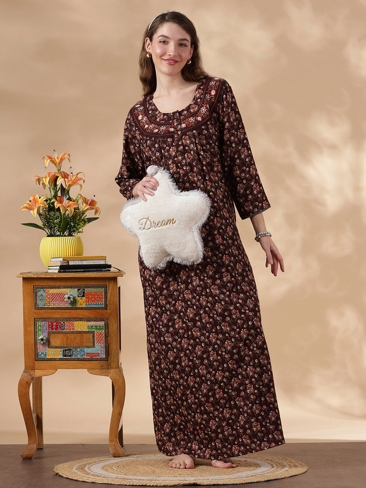 Alpine Floral Designer Nighty for Women Soft and Embroidered