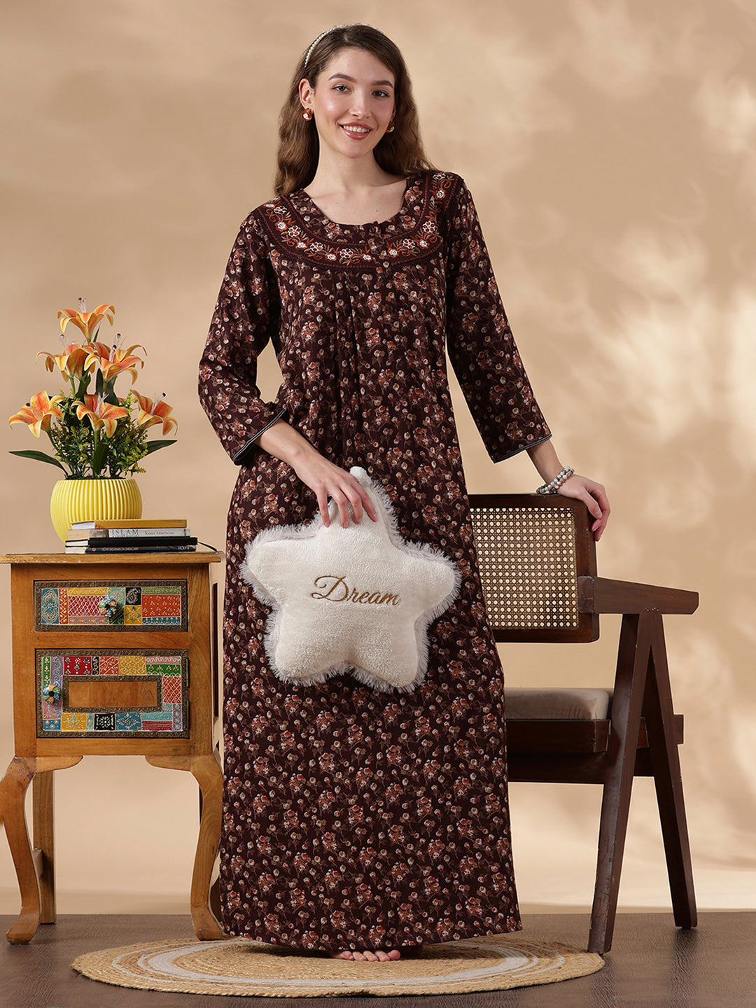 Alpine Floral Designer Nighty for Women Soft and Embroidered